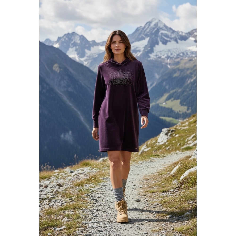 Calvin Klein Women Purple Velour Rhinestone Logo Hoodie Dress Size M Plum Velvet